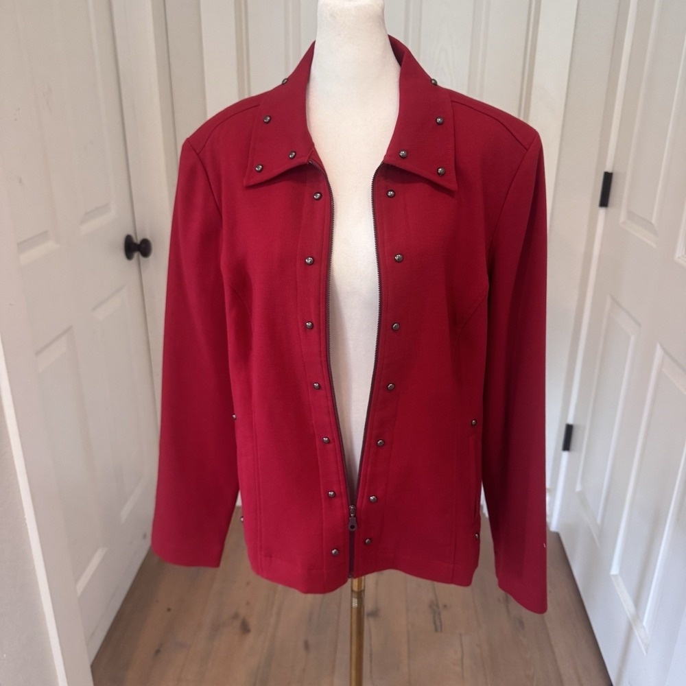 Vtg Kasper Jacket Womens Sz XL Red Full Zip Studded Trim Holiday Party Dressy